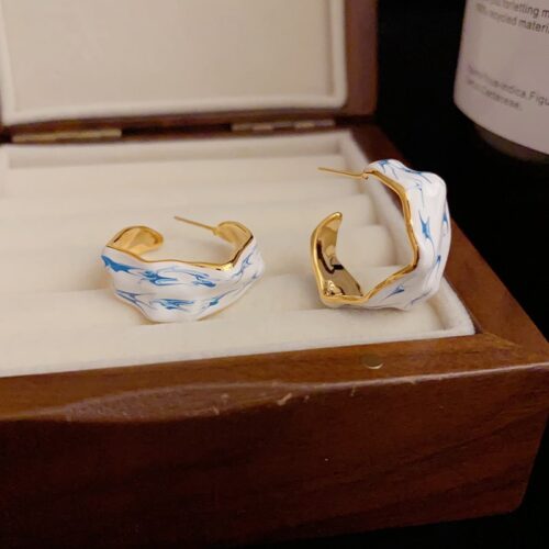 Sterling Silver Needle Fashion Unique Irregular Blue And White Porcelain Dripping Oil Ear Ring