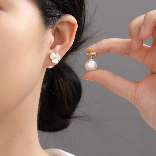 Shell Flower Zircon Pearl Stud Earrings Simple Lady