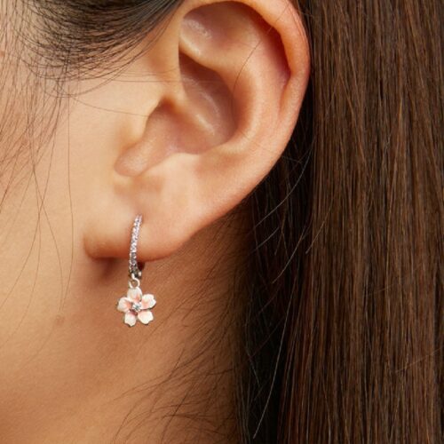 S925 Pure Silver Cherry Blossom Ear Clip Gradient Oil Dripping Zircon