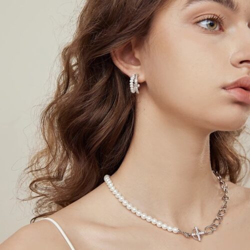 Streamer Pearl Stud Earrings For Women Delicate Bead-set Diamond
