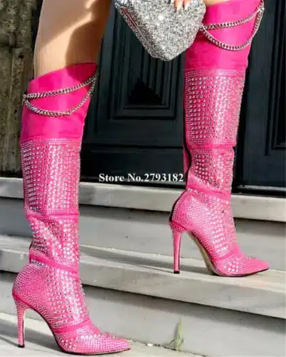 Women Luxurious Rhinestones Chains Knee High Boots Bling Bling Pink