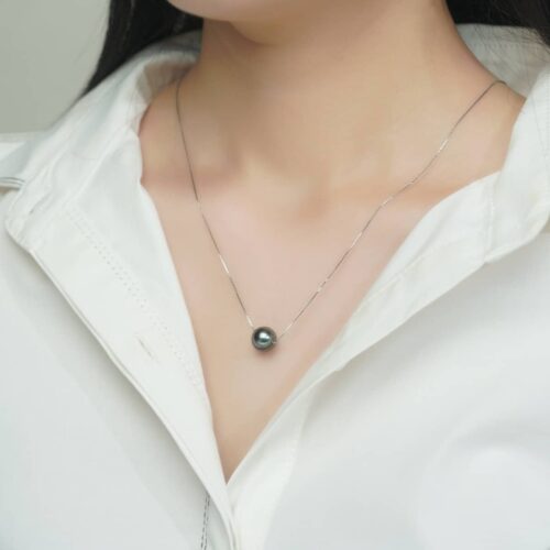 Natural Perfect Circle Strong Light Tahitian Black Pearl Pendant S925 Silver Necklace