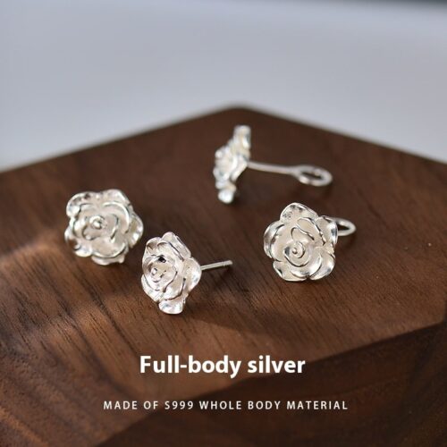 Silver Stud Earrings For Women Camellia Design Earrings