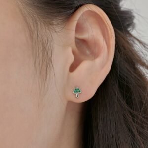 Silver S925 Green Round Zirconium Inlaid Mushroom Left And Right Symmetrical Design Small And Delicate Ear Stud