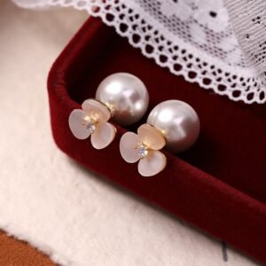 Shell Flower Zircon Pearl Stud Earrings Simple Lady
