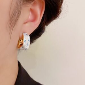 Sterling Silver Needle Fashion Unique Irregular Blue And White Porcelain Dripping Oil Ear Ring
