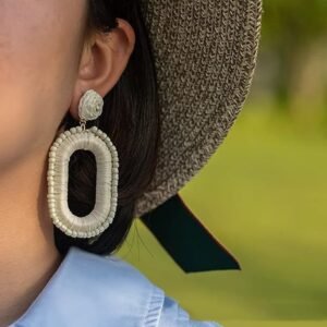 Beaded Raffia Stud Earrings Square Pendant