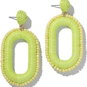 Beaded Raffia Stud Earrings Square Pendant