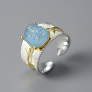 S925 Women's Long Leaf Aquamarine Ring
