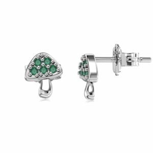 Silver S925 Green Round Zirconium Inlaid Mushroom Left And Right Symmetrical Design Small And Delicate Ear Stud